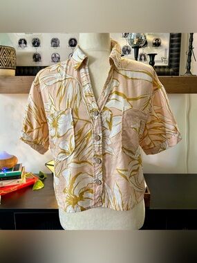 Rachel Zoe Linen Blend Tropical Floral Cropped Button Down Shirt